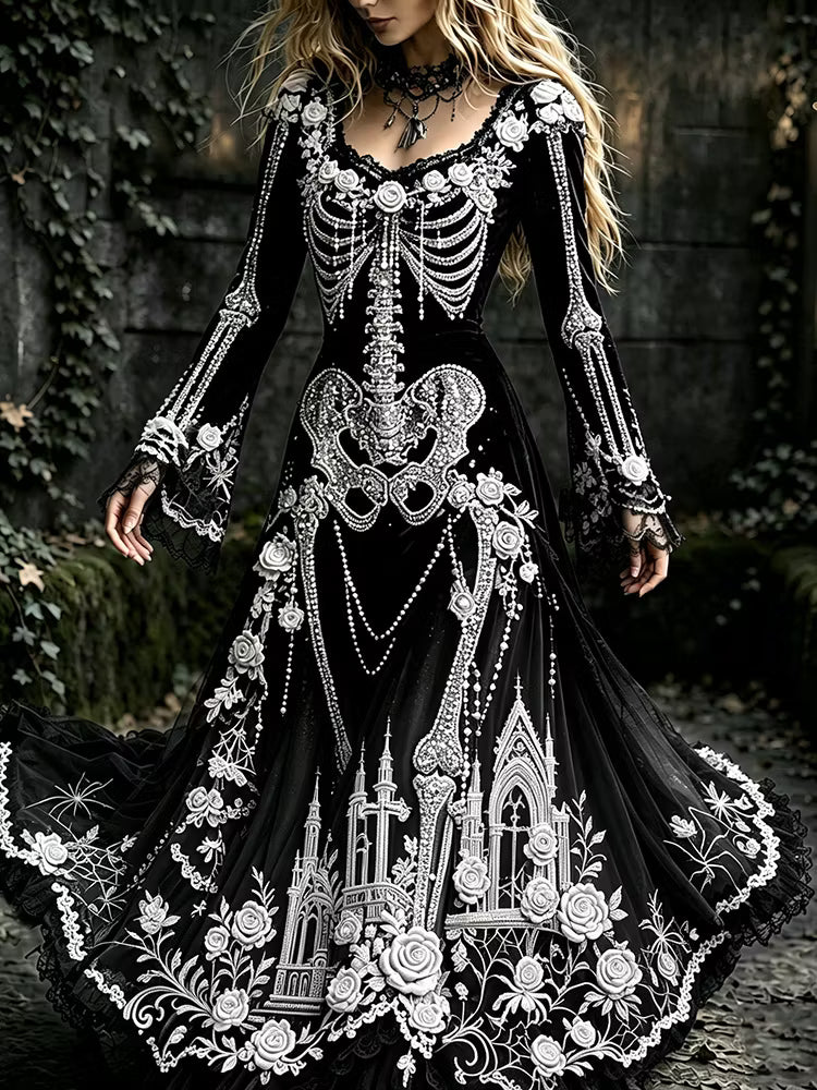 Women's Halloween Gothic Skeleton & Floral Lace Long-sleeve Maxi Dress