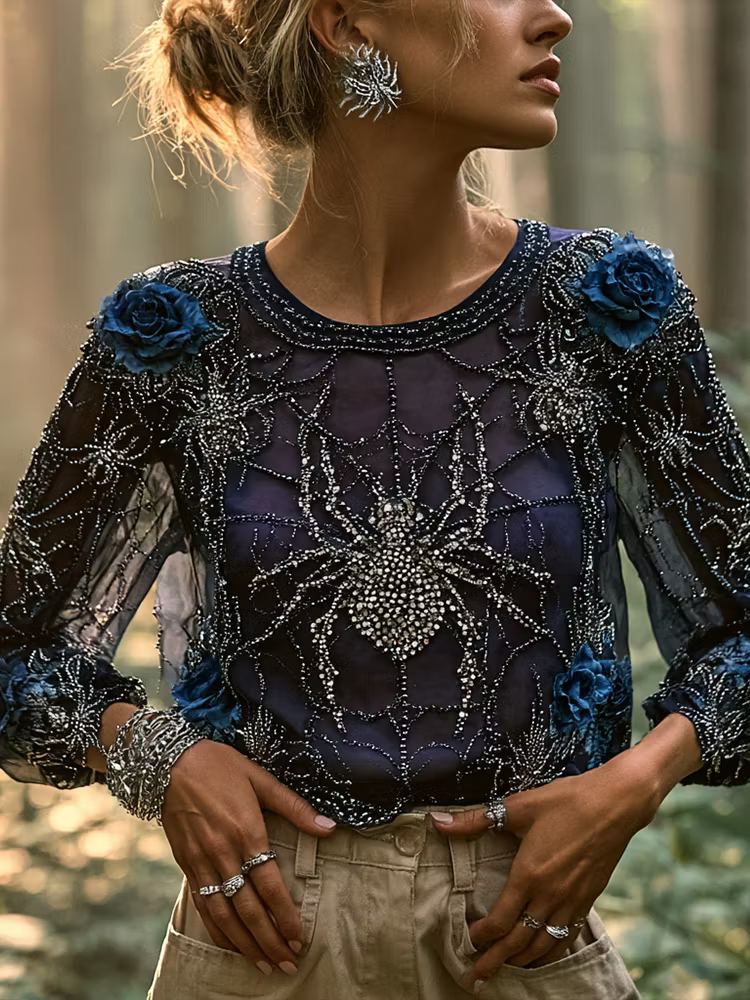 Women's Gothic Long-sleeved Blouse, Decorated With Sequined Spiderweb And Rose Patterns.
