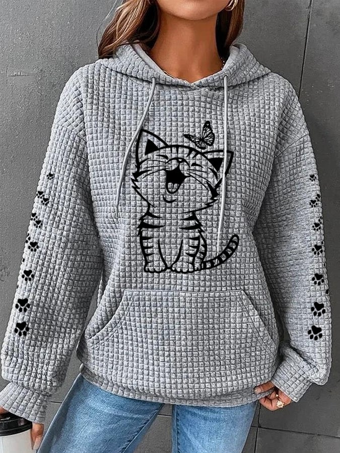 Women's Cute Cat Graphic Cat Lovers Casual Waffle Hoodie