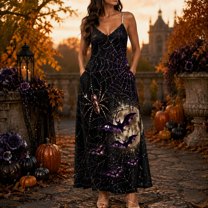 Women's Halloween Gothic Spiderweb, Bat & Full Moon Print Spaghetti Strap Maxi Dress