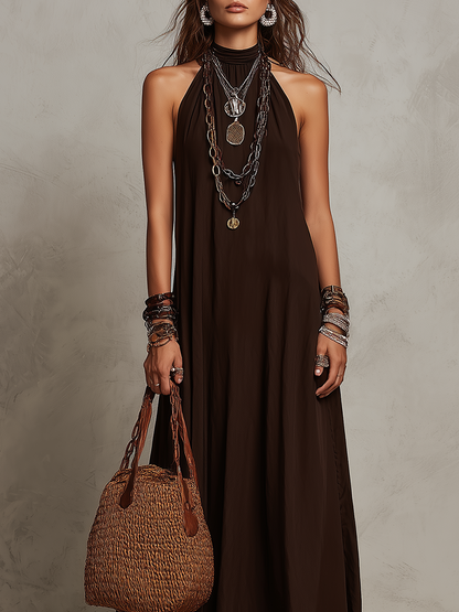 Dark Brown Halter Neck Minimalist Long Dress