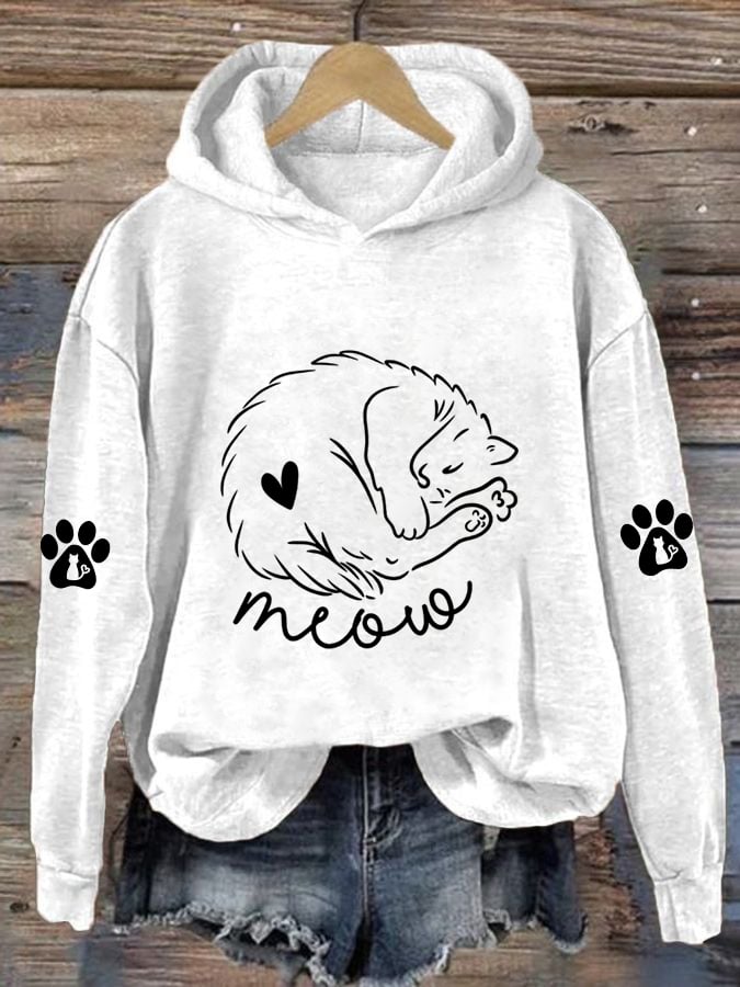 Women's Cute Cat Meow & Heart Print Hoodie
