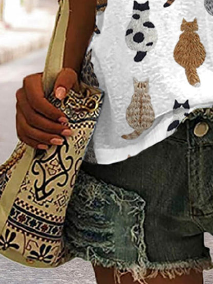 Women'S Cute Cats Embroidery Print T-shirt