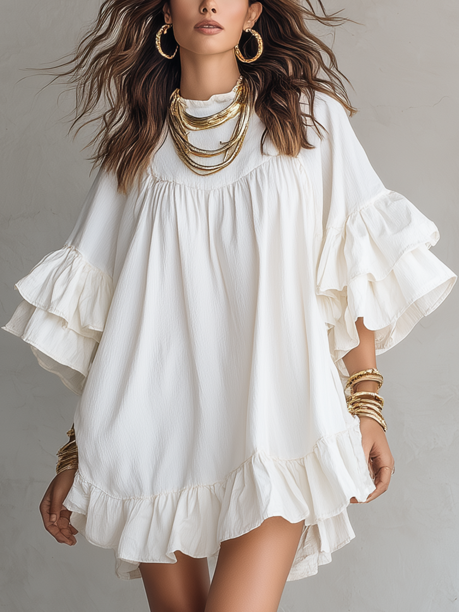 Soft Ivory Ruffled Sleeve Mini Dress