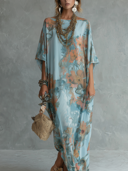 Bohemian Style Sky Blue Floral Print Loose Long Dress
