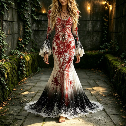 Women's Halloween Retro Gradient Skull, Floral, And Spider Design Round Neck Long Sleeve Dress