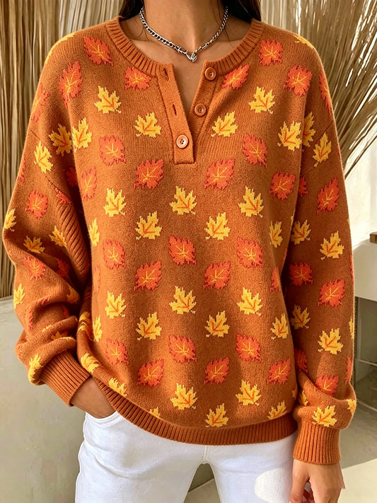 Women's Casual Print Button-Up Collar Knit Top