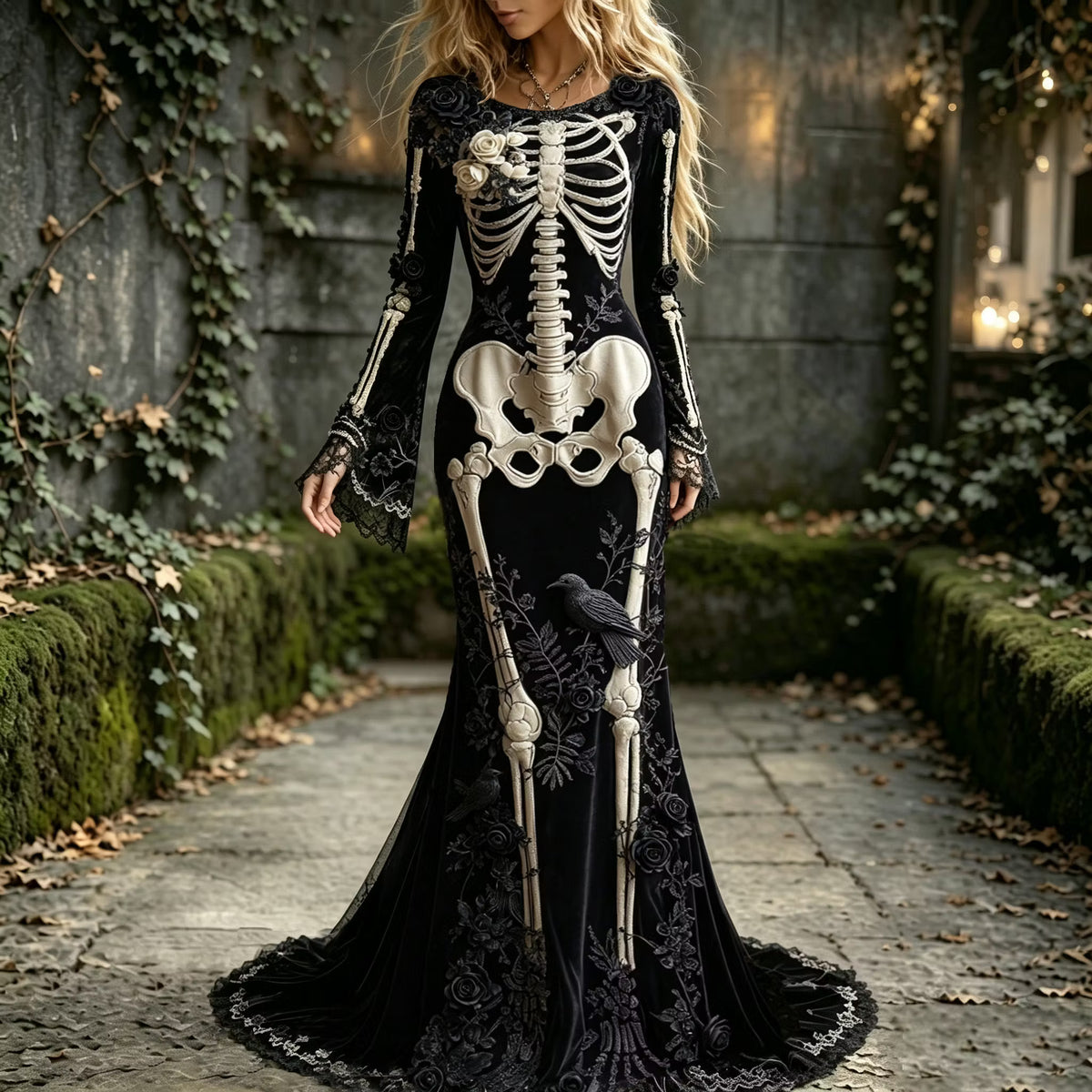 Women's Halloween Dark Gothic Raven With Skull Floral Elegant Velvet Round Neck Long Sleeve Dress