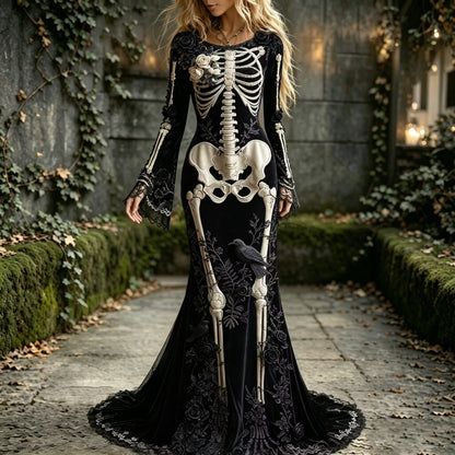 Women's Halloween Dark Gothic Raven With Skull Floral Elegant Velvet Round Neck Long Sleeve Dress