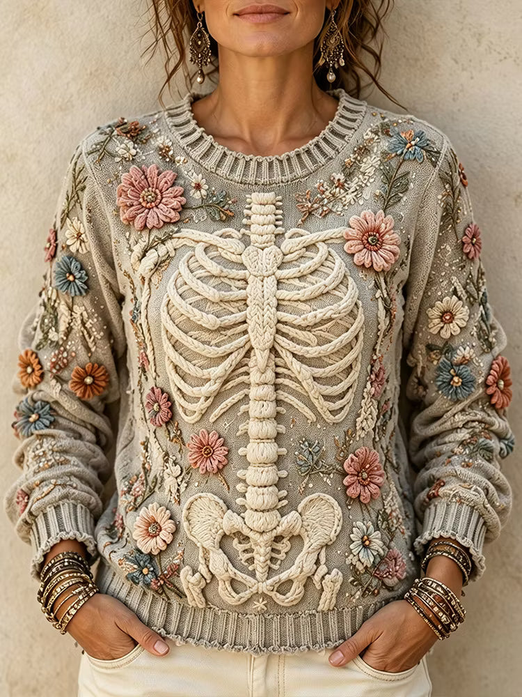 Women’s Boho Halloween Vintage Floral Embroidery 3d Cable Knit Skeleton Ribcage Jumper