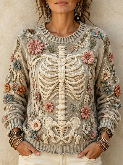 Women’s Boho Halloween Vintage Floral Embroidery 3d Cable Knit Skeleton Ribcage Jumper