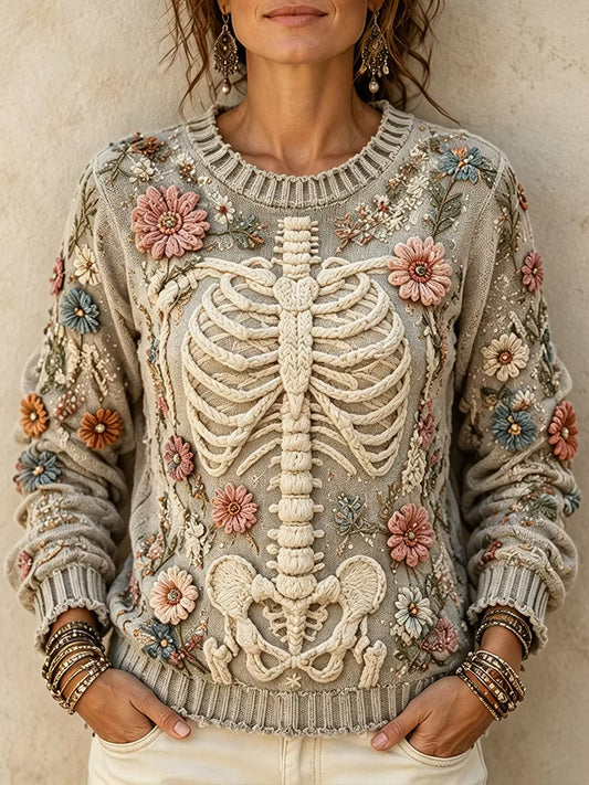 Women’s Boho Halloween Vintage Floral Embroidery 3d Cable Knit Skeleton Ribcage Jumper