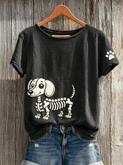 Women's Halloween Skull Dachshund Pattern Art Print Casual T-shirt