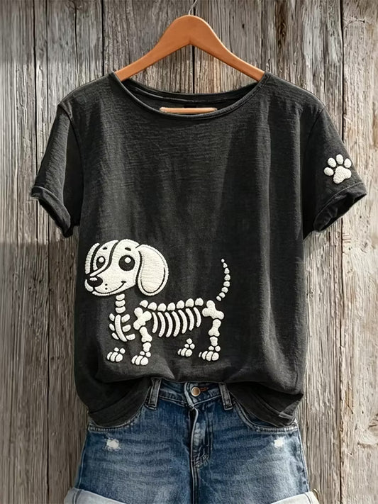 Women's Halloween Skull Dachshund Pattern Art Print Casual T-shirt