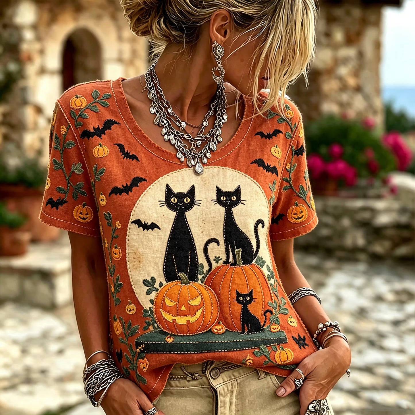 Women's Retro Halloween Cat, Pumpkin, And Bat Patchwork Print T-shirt