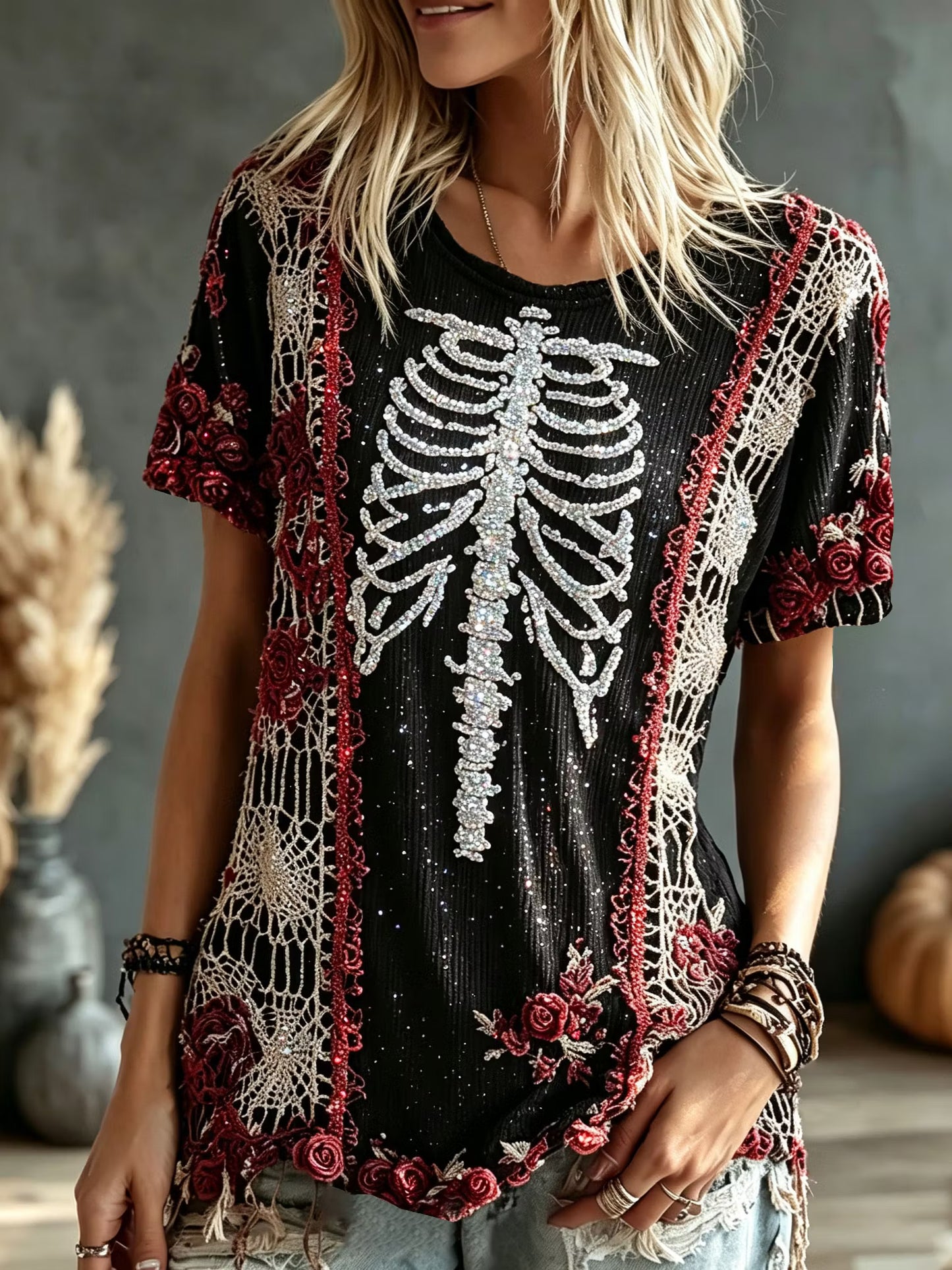 Women's Retro Halloween Bone And Floral Art Embroidery Crew Neck T-shirt