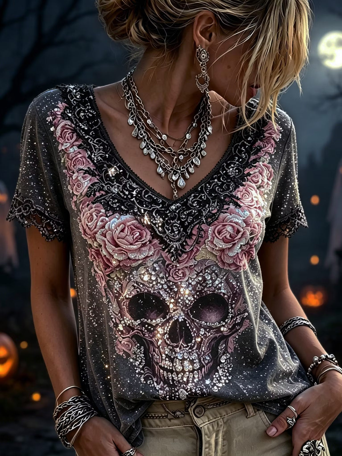 Women's Retro Halloween Style Skull And Rose Sequin Embroidered Print Top