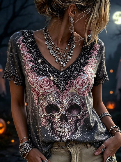 Women's Retro Halloween Style Skull And Rose Sequin Embroidered Print Top