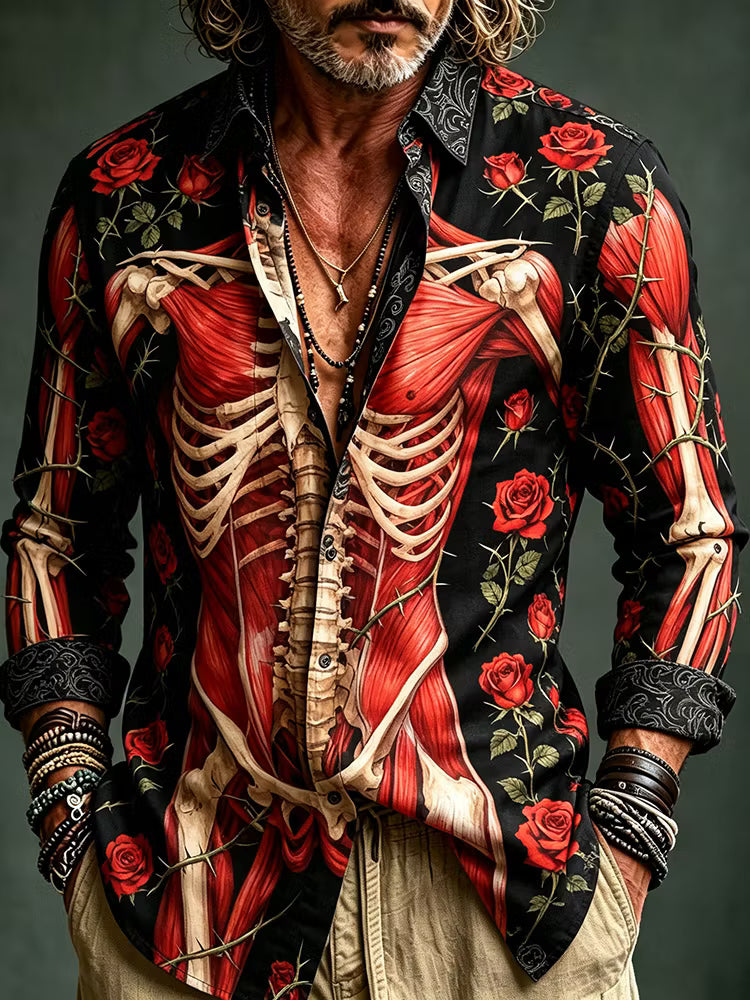 Men's Retro Halloween Anatomy Rose Print Long-sleeve Shirt