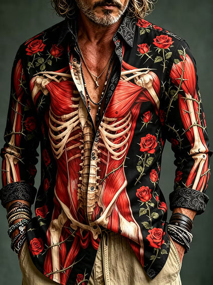 Men's Retro Halloween Anatomy Rose Print Long-sleeve Shirt