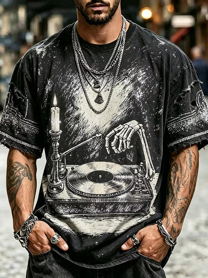 Retro Skull Vinyl Record Pattern Gothic Music Style Loose Men's Top