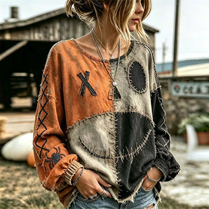 Women's Retro Halloween Spooky Smiley Face Color Block Casual Linen Shirt