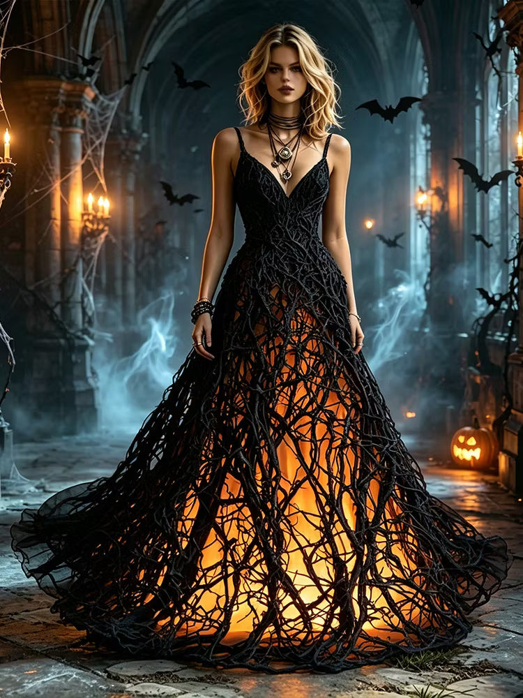 Dark Thorn Branch Gothic Halter V-neck Dress