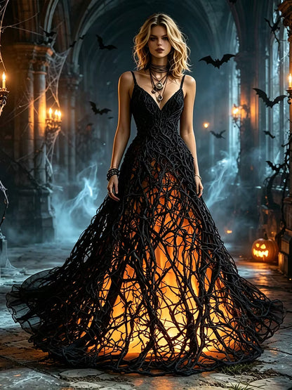 Dark Thorn Branch Gothic Halter V-neck Dress