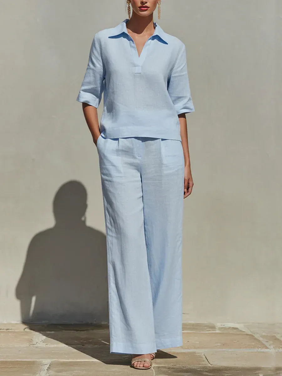 Women's Solid Cotton Linen Two-Piece Set
