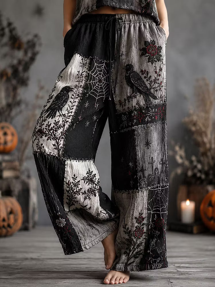 Women's Halloween Rose, Crow, And Spiderweb Color-blocked Cotton Linen Pants