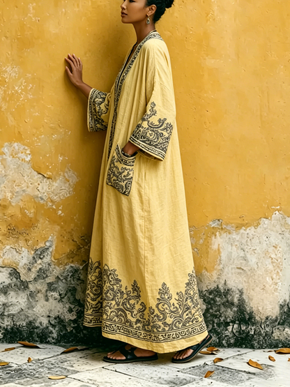 Bohemian Vintage-print Cotton-linen Maxi Dress