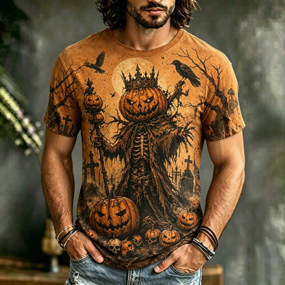 Men's Retro Halloween Pumpkin Skull Scarecrow Pattern Crew Neck Short Sleeve T-shirt