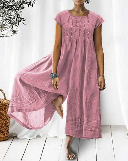 Solid Relaxed Loose Pleated Linen Jumpsuit