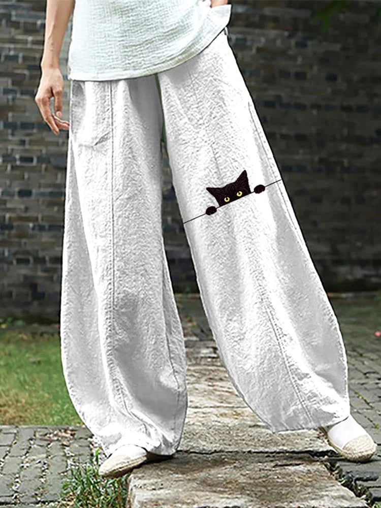 Women's Fun Black Cat Print Woven Pants