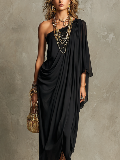 Bohemian Black One Shoulder Draped Maxi Dress