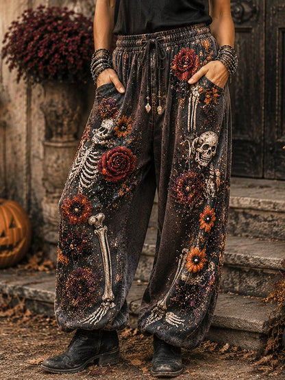 Women's Vintage Halloween Gothic Skeleton Rose Floral Embroidery Boho Elastic Waist Casual Trousers