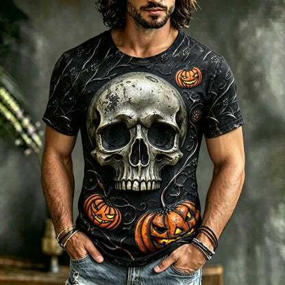 Men's Retro Halloween Skull And Pumpkin Pattern T-shirt