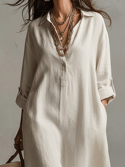 Vintage Lightweight Linen Maxi Shirt Dress In Natural Cream