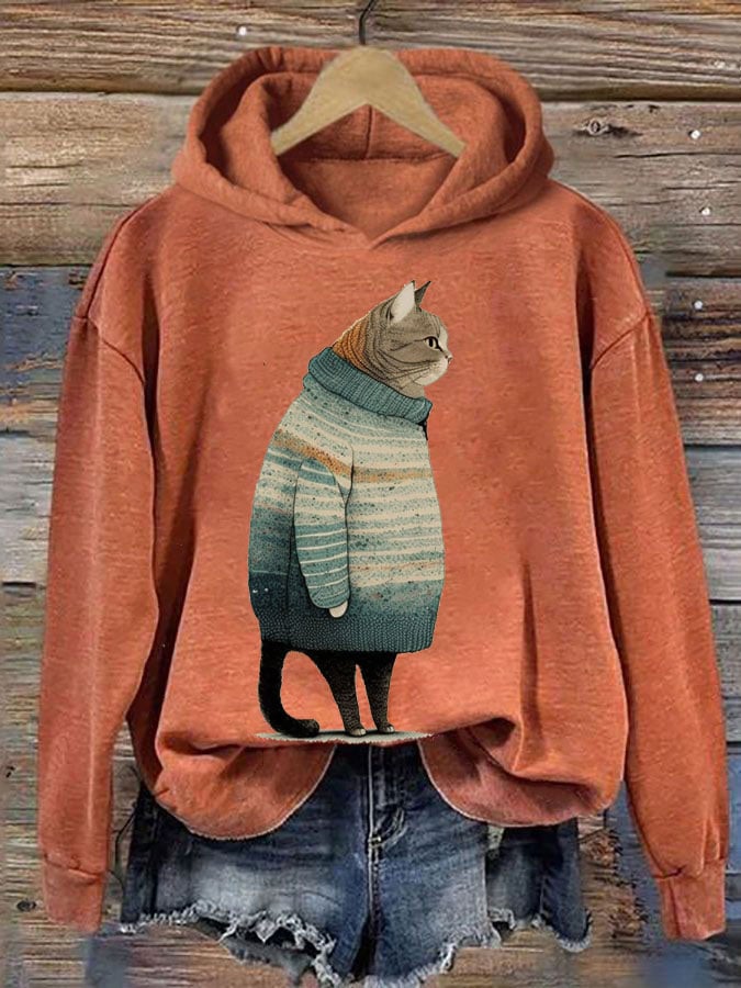 Women's Winter Cat Print Casual Hooded Sweatshirt
