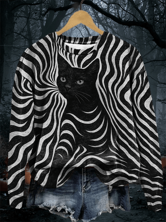 Women's Halloween Black Cat Print Crew Neck Sweatshirt