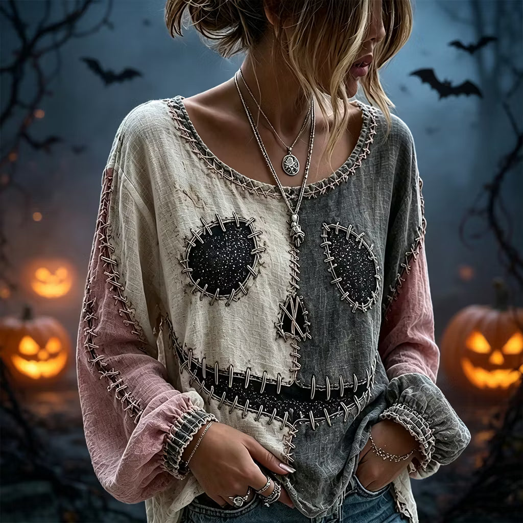 Women's Retro Halloween Spooky Smiley Face Color Block Casual Linen Shirt
