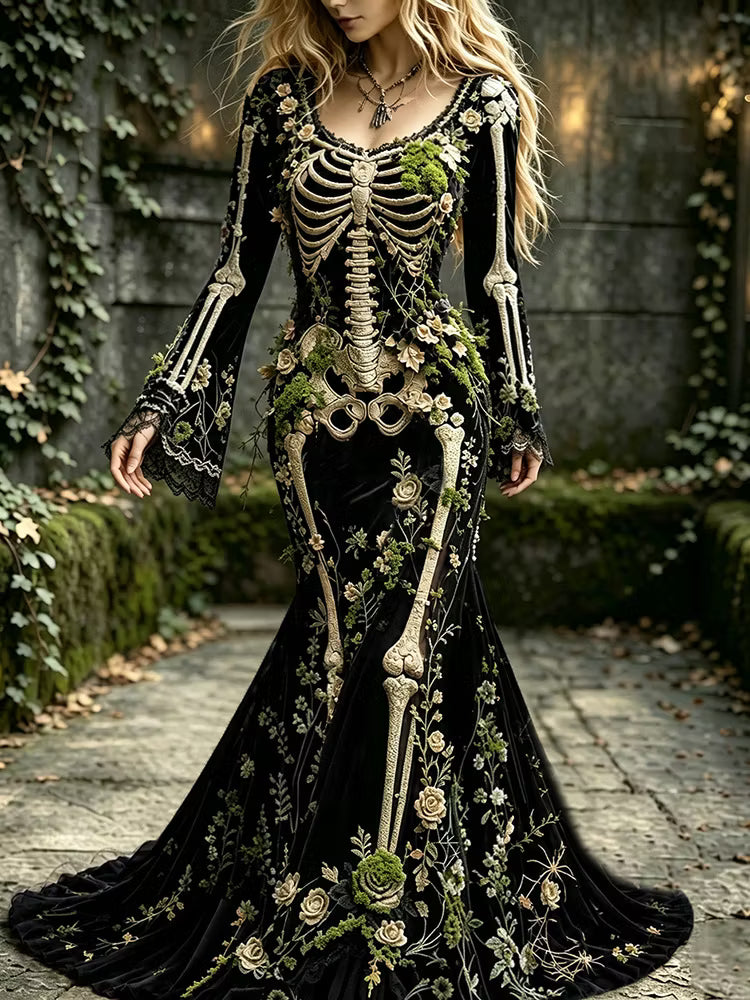 Women's Halloween Floral Skull With Forest Moss Elegant Velvet Round Neck Long Sleeve Dress