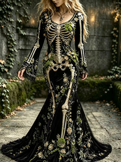 Women's Halloween Floral Skull With Forest Moss Elegant Velvet Round Neck Long Sleeve Dress