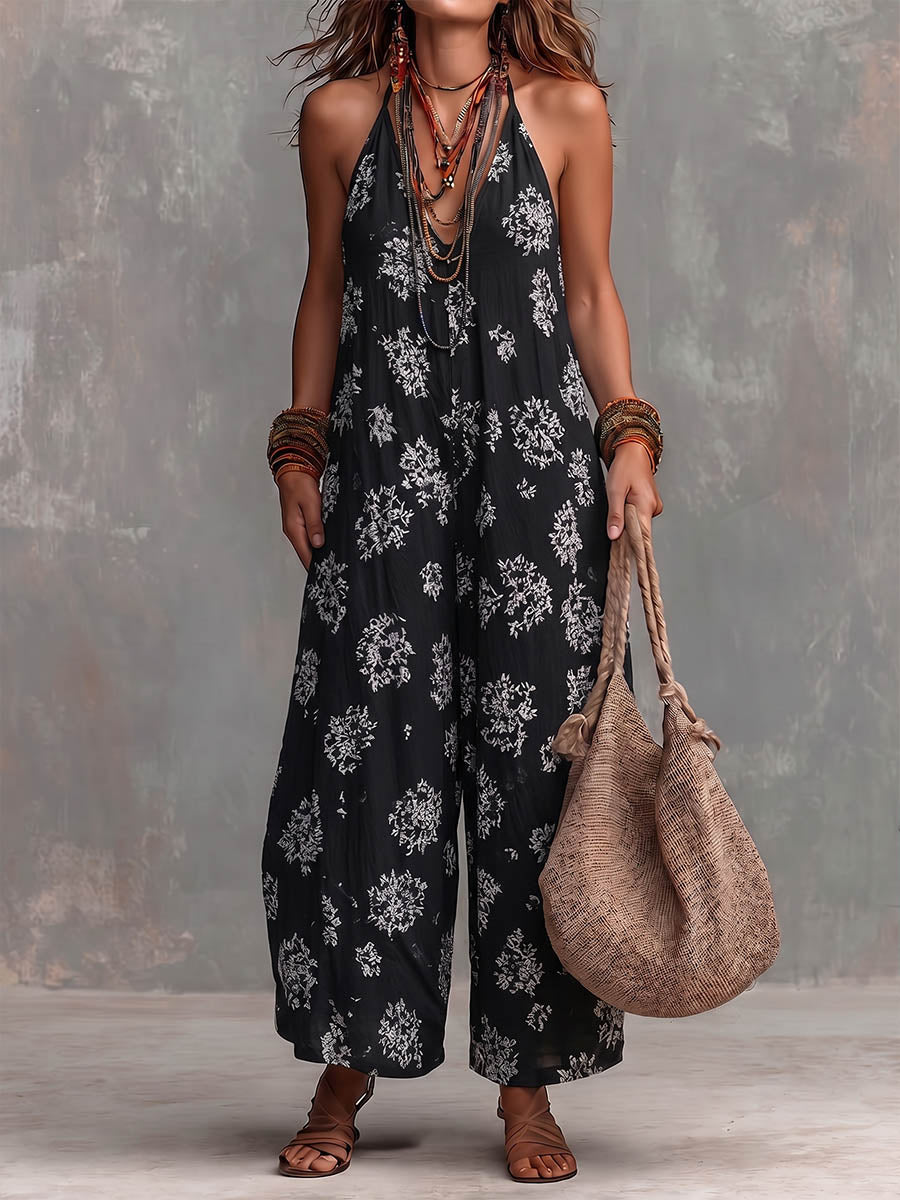 Women's Retro Print V-neck Sleeveless Casual Loose Wide-leg Cotton-linen Jumpsuit