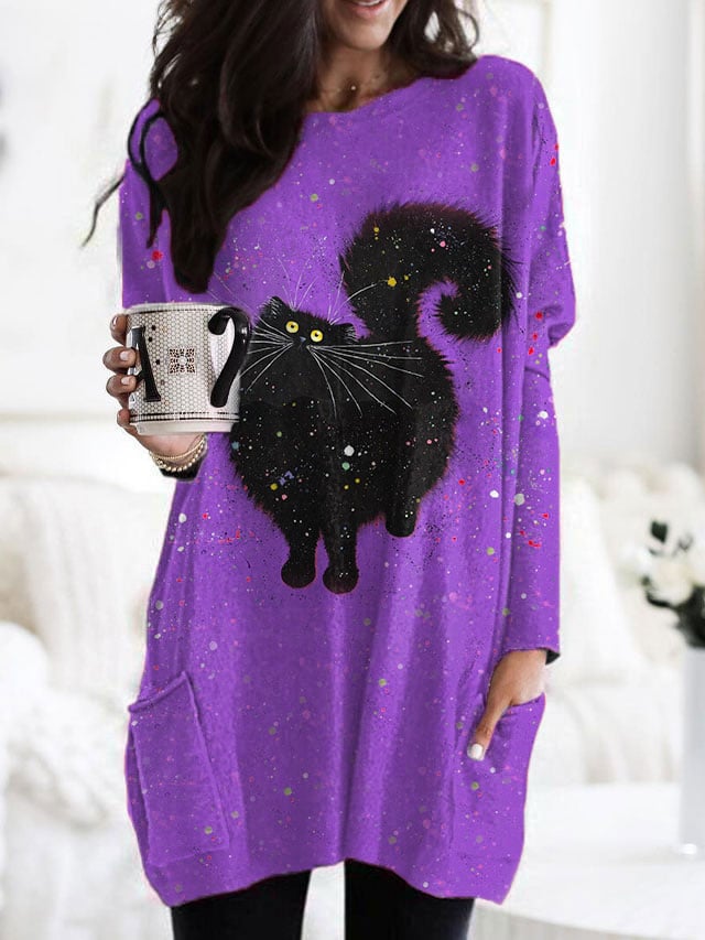 Women's cute black cat print sweatshirt
