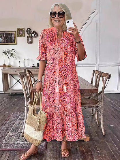 Paisley Bohemian Long Length Vintage Print Tassel Tie Neck Tunic Dress - Elegant Vacation Style with Drawstring, Ruffle Hem, and Random Printing