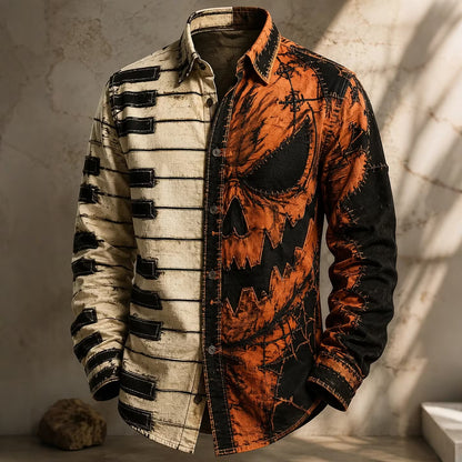 Men's Color-blocked Skull Piano Print Long-sleeved Cotton Linen Shirt
