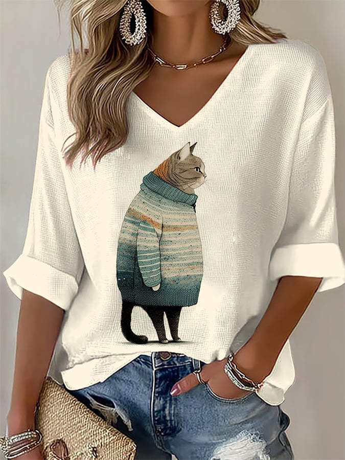 Women's Animal Cat Art Print T-Shirt