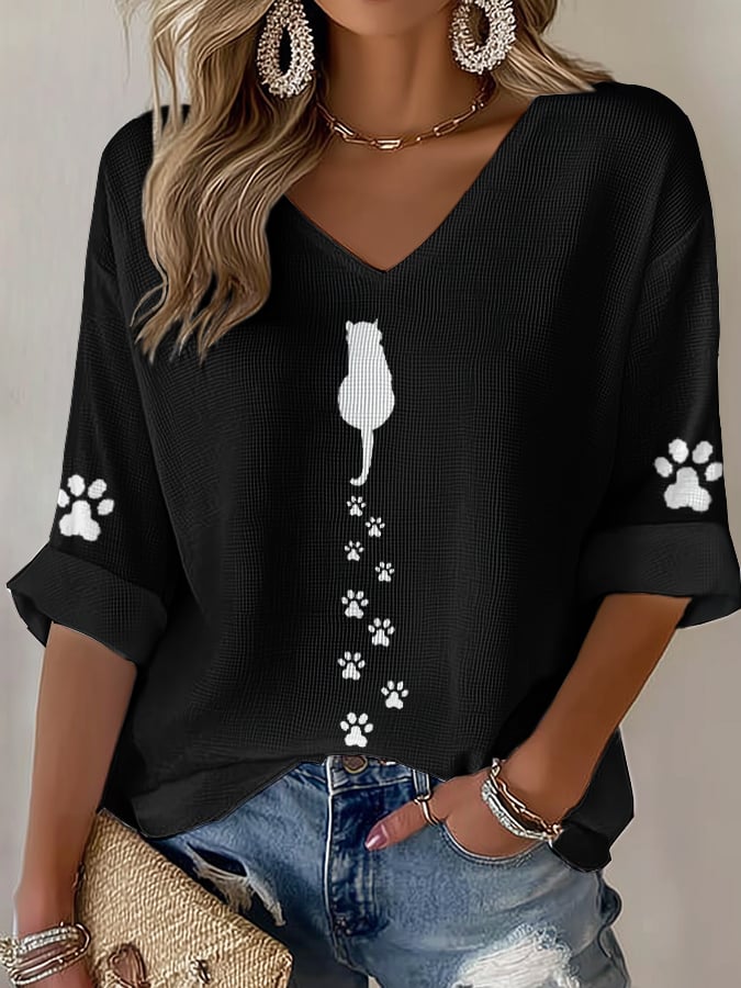 Women's Cute Cat Print Waffle T-shirt