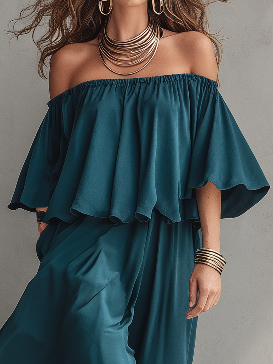 Flowy Off-Shoulder Ruffle-Trimmed Maxi Dress